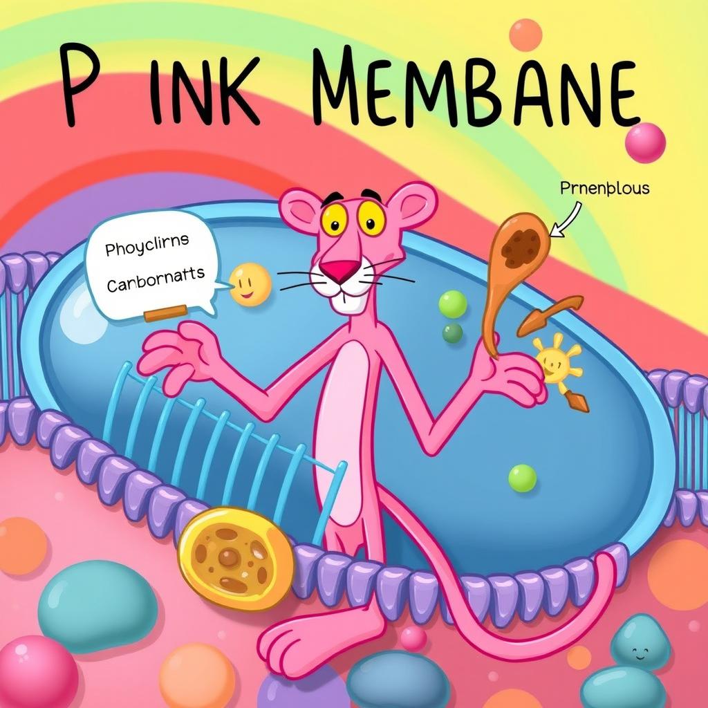 A whimsical and educational illustration of a cell membrane featuring the Pink Panther as the central character