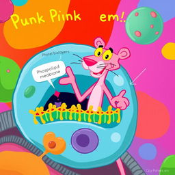 A whimsical and educational illustration of a cell membrane featuring the Pink Panther as the central character