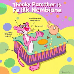 A whimsical and educational illustration of a cell membrane featuring the Pink Panther as the central character