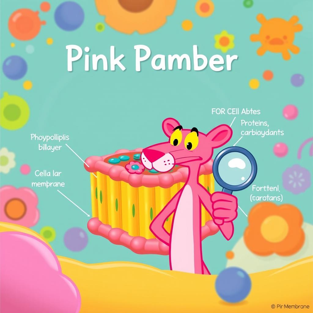 A vibrant and playful illustration of a cellular membrane, featuring the Pink Panther as the central character