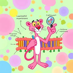 A vibrant and playful illustration of a cellular membrane, featuring the Pink Panther as the central character