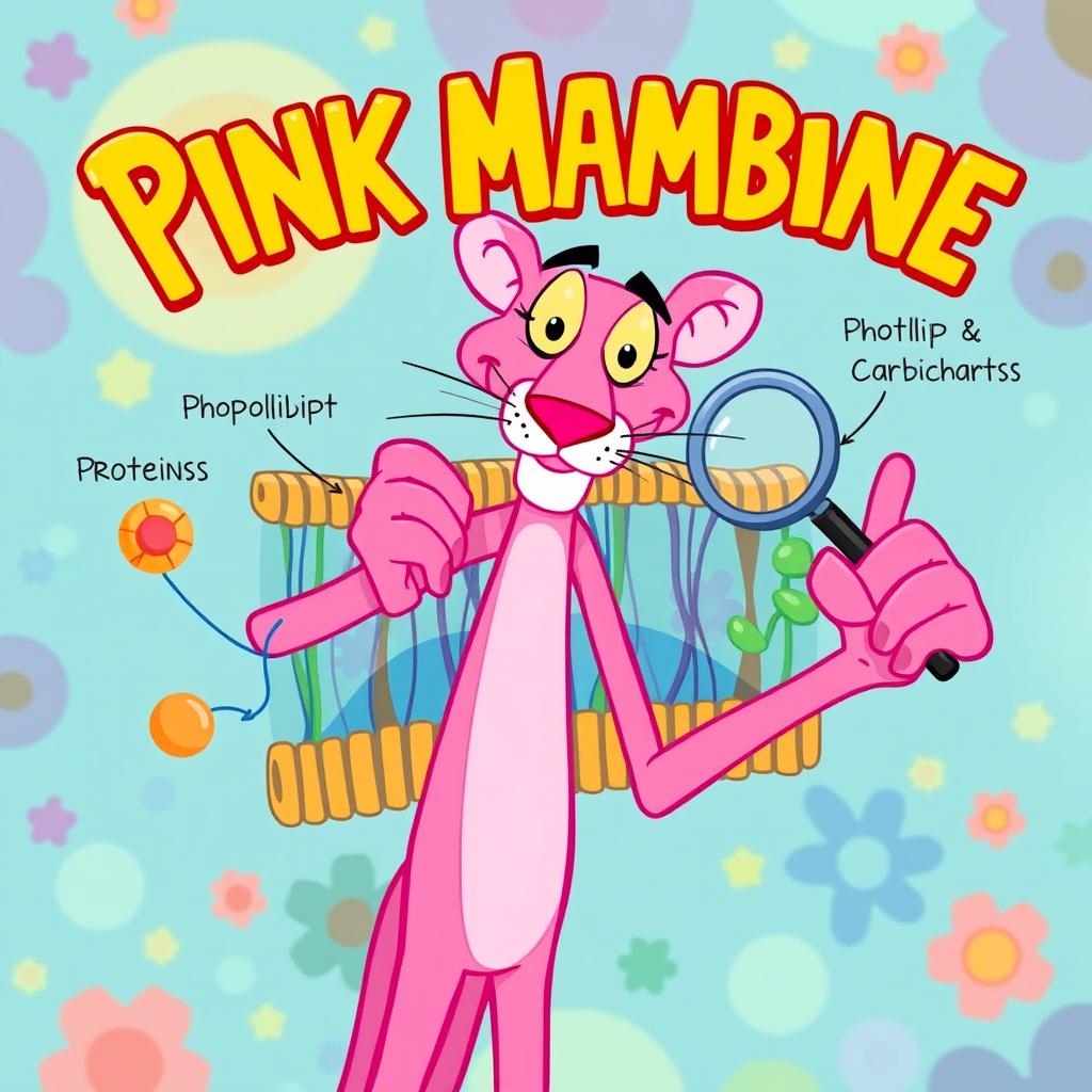 A vibrant and playful illustration of a cellular membrane, featuring the Pink Panther as the central character