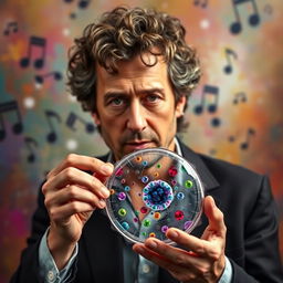 A portrait of Gustavo Cerati holding a cellular membrane, showcasing his artistic flair and scientific curiosity