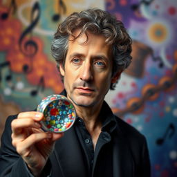 A portrait of Gustavo Cerati holding a cellular membrane, showcasing his artistic flair and scientific curiosity