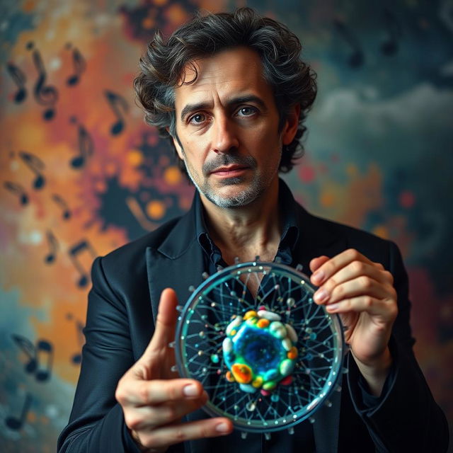 A portrait of Gustavo Cerati holding a cellular membrane, showcasing his artistic flair and scientific curiosity