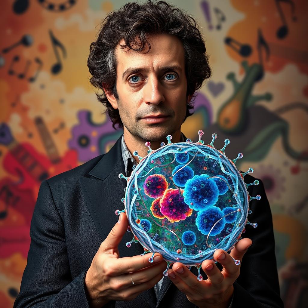 A portrait of Gustavo Cerati holding a cellular membrane, showcasing his artistic flair and scientific curiosity