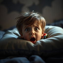 A small boy lying on a pillow with a terrified expression on his face