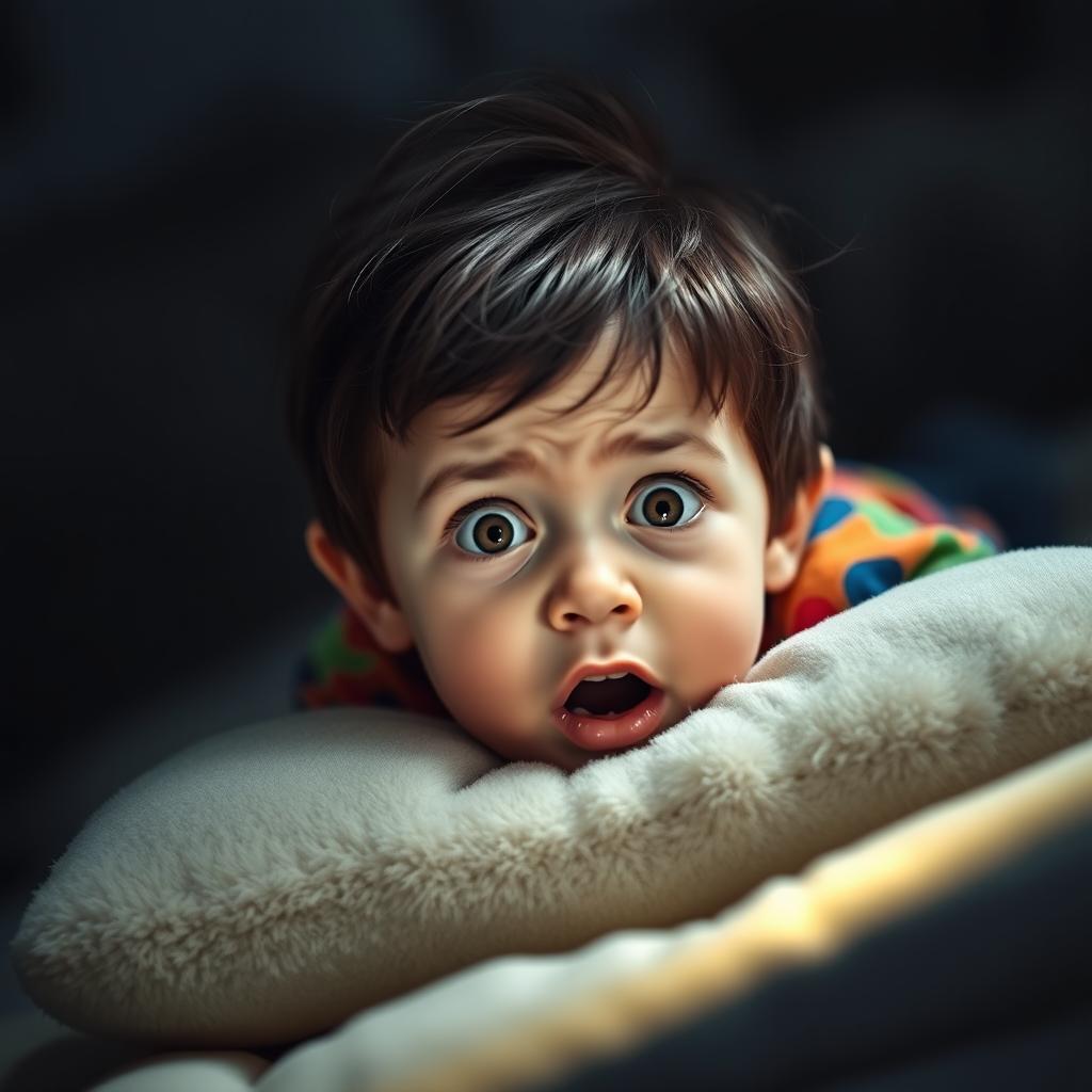 A small boy lying on a pillow with a terrified expression on his face