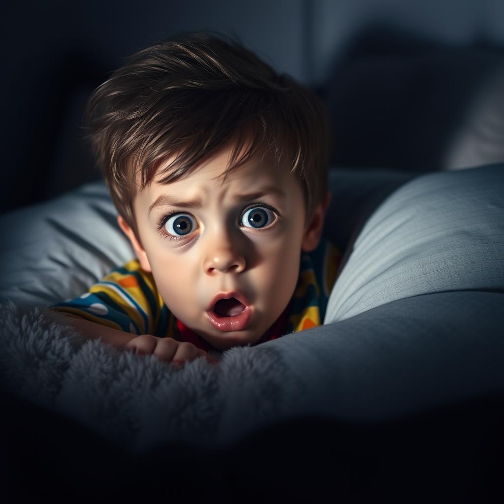 A small boy lying on a pillow with a terrified expression on his face