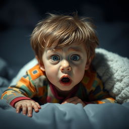 A small boy lying on a pillow with a terrified expression on his face