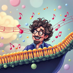 A conceptual illustration of Gustavo Cerati, depicted as a vibrant character within a biological setting, engaging with the idea of active transport across a cellular membrane