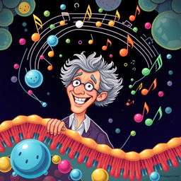 A conceptual illustration of Gustavo Cerati, depicted as a vibrant character within a biological setting, engaging with the idea of active transport across a cellular membrane