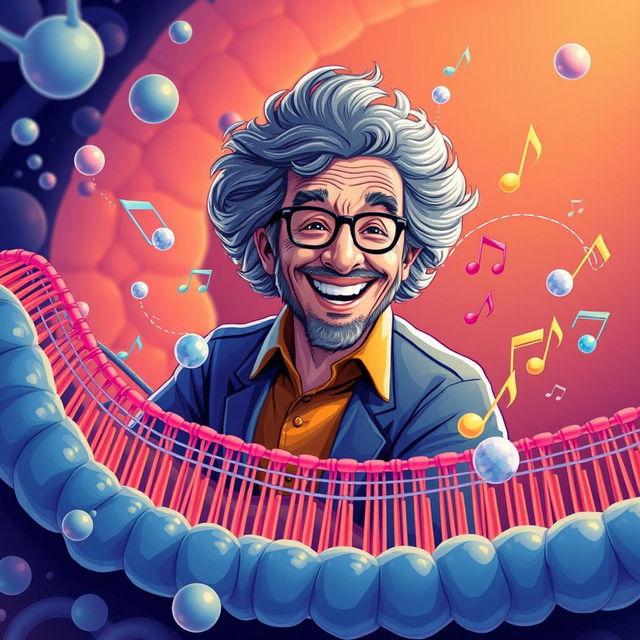 A conceptual illustration of Gustavo Cerati, depicted as a vibrant character within a biological setting, engaging with the idea of active transport across a cellular membrane