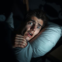 A young man lying on a pillow with a terrified expression on his face, conveying a sense of fear and anxiety