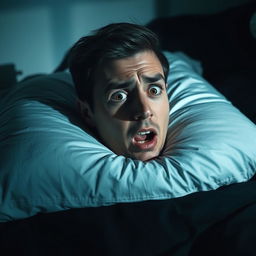 A young man lying on a pillow with a terrified expression on his face, conveying a sense of fear and anxiety