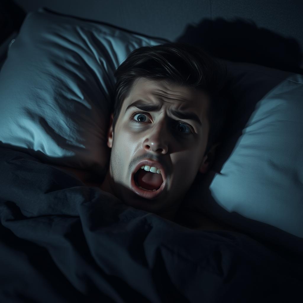 A young man lying on a pillow with a terrified expression on his face, conveying a sense of fear and anxiety