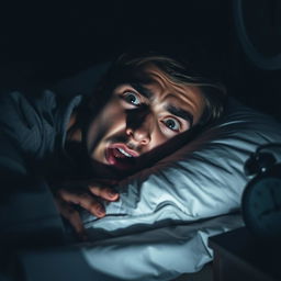 A young man lying on a pillow with a terrified expression on his face, conveying a sense of fear and anxiety