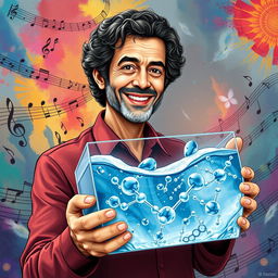 An imaginative portrayal of Gustavo Cerati holding a large, visually stunning representation of osmosis