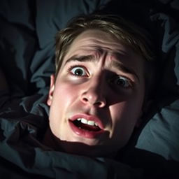 A young man lying down with a terrified expression on his face, showcasing intense fear and anxiety