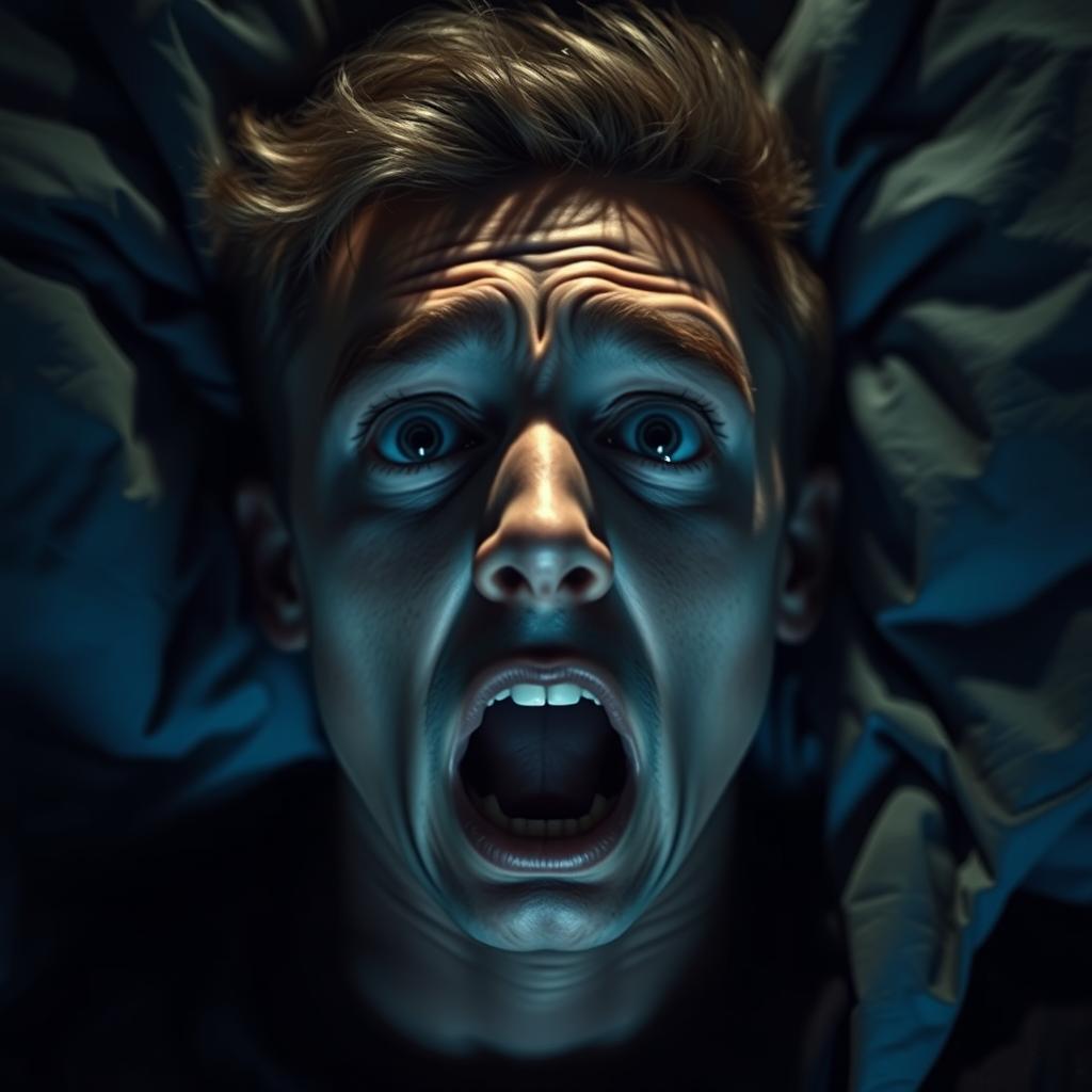 A young man lying down with a terrified expression on his face, showcasing intense fear and anxiety