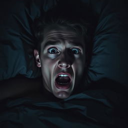 A young man lying down with a terrified expression on his face, showcasing intense fear and anxiety