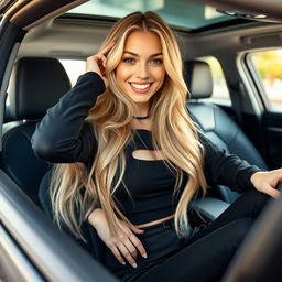 A confident young woman with long blond hair, wearing a stylish black outfit that tastefully highlights her fashion sense, posed in a casual setting with a bright and inviting atmosphere