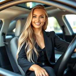 A confident young woman with long blond hair, wearing a stylish black outfit that tastefully highlights her fashion sense, posed in a casual setting with a bright and inviting atmosphere