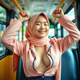 A seductive Chinese girl, 19 years old, wearing a peach hijab, beautifully and alluringly styled, sitting in the passenger seat of a bus