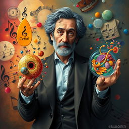 An artistic and imaginative representation of Gustavo Cerati holding visual representations of phagocytosis and pinocytosis