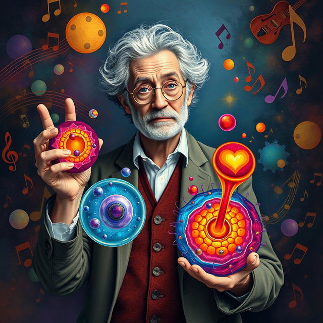 An artistic and imaginative representation of Gustavo Cerati holding visual representations of phagocytosis and pinocytosis