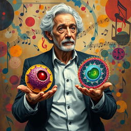 An artistic and imaginative representation of Gustavo Cerati holding visual representations of phagocytosis and pinocytosis