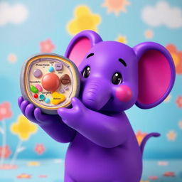 A vibrant purple elephant reminiscent of Pocoyo, holding a detailed model of a cell membrane, showcasing its components such as phospholipids, proteins, and carbohydrates