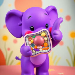 A vibrant purple elephant reminiscent of Pocoyo, holding a detailed model of a cell membrane, showcasing its components such as phospholipids, proteins, and carbohydrates