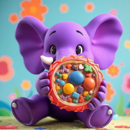 A vibrant purple elephant reminiscent of Pocoyo, holding a detailed model of a cell membrane, showcasing its components such as phospholipids, proteins, and carbohydrates