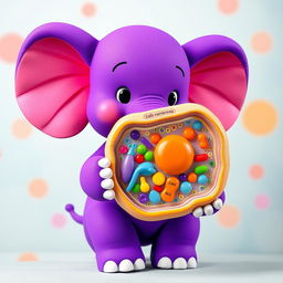 A vibrant purple elephant reminiscent of Pocoyo, holding a detailed model of a cell membrane, showcasing its components such as phospholipids, proteins, and carbohydrates