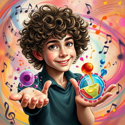 A vibrant and imaginative portrayal of a young Gustavo Cerati with curly hair, holding visual representations of phagocytosis and pinocytosis