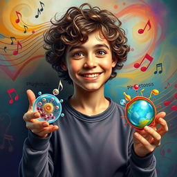 A vibrant and imaginative portrayal of a young Gustavo Cerati with curly hair, holding visual representations of phagocytosis and pinocytosis