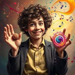 A vibrant and imaginative portrayal of a young Gustavo Cerati with curly hair, holding visual representations of phagocytosis and pinocytosis