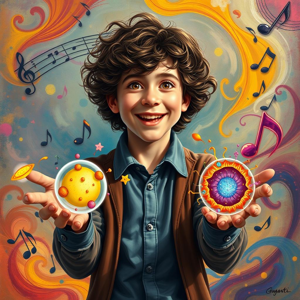 A vibrant and imaginative portrayal of a young Gustavo Cerati with curly hair, holding visual representations of phagocytosis and pinocytosis