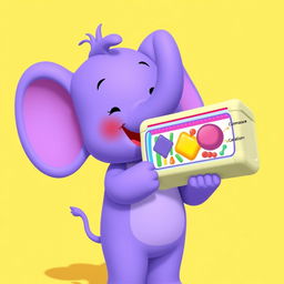 A playful purple elephant from the cartoon Pocoyo, joyfully holding a detailed model of a cell membrane