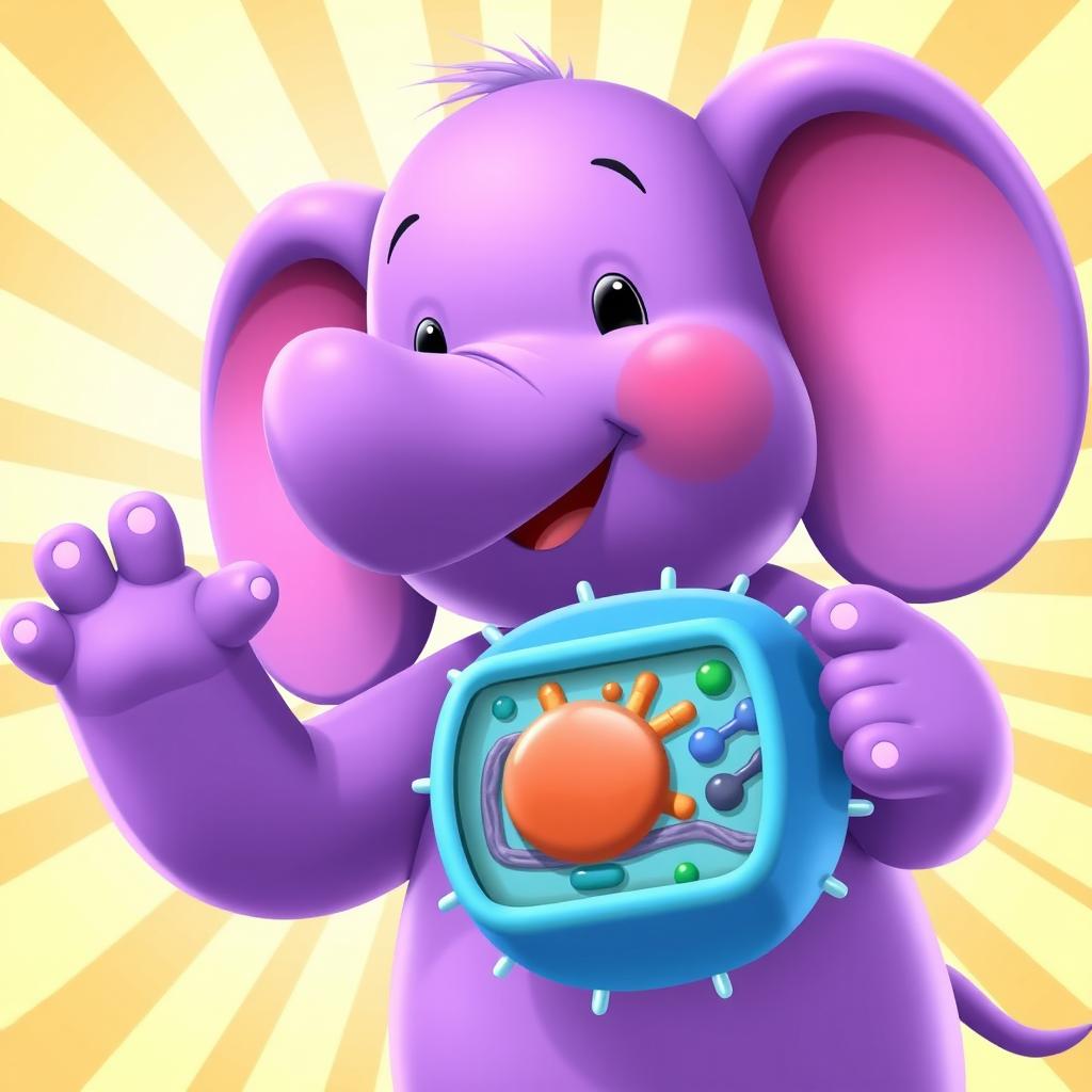 A playful purple elephant from the cartoon Pocoyo, joyfully holding a detailed model of a cell membrane