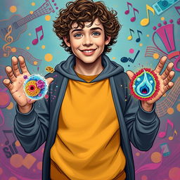 A creative depiction of a teenage Gustavo Cerati with curly hair, holding visual representations of phagocytosis and pinocytosis