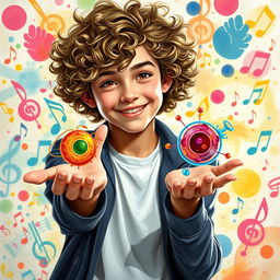 A creative depiction of a teenage Gustavo Cerati with curly hair, holding visual representations of phagocytosis and pinocytosis