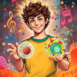 A creative depiction of a teenage Gustavo Cerati with curly hair, holding visual representations of phagocytosis and pinocytosis