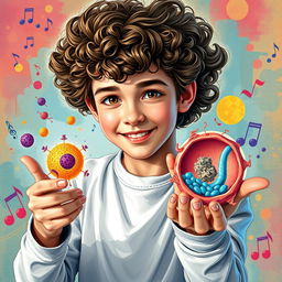 A creative depiction of a teenage Gustavo Cerati with curly hair, holding visual representations of phagocytosis and pinocytosis