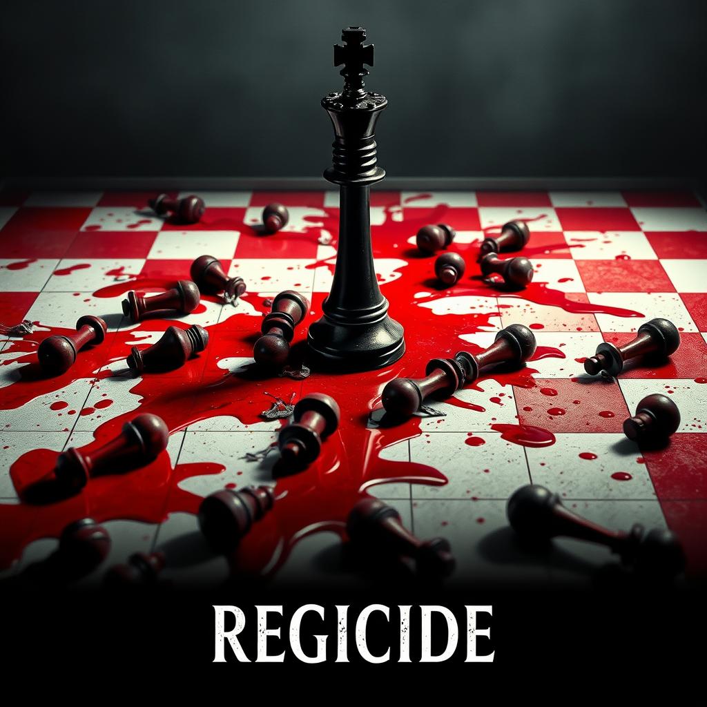 The movie poster for 'REGICIDE' features a chessboard in disturbing shades of red and white, as if from another world