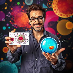 A creative representation of Gustavo Cerati, confidently holding visual representations of phagocytosis and pinocytosis