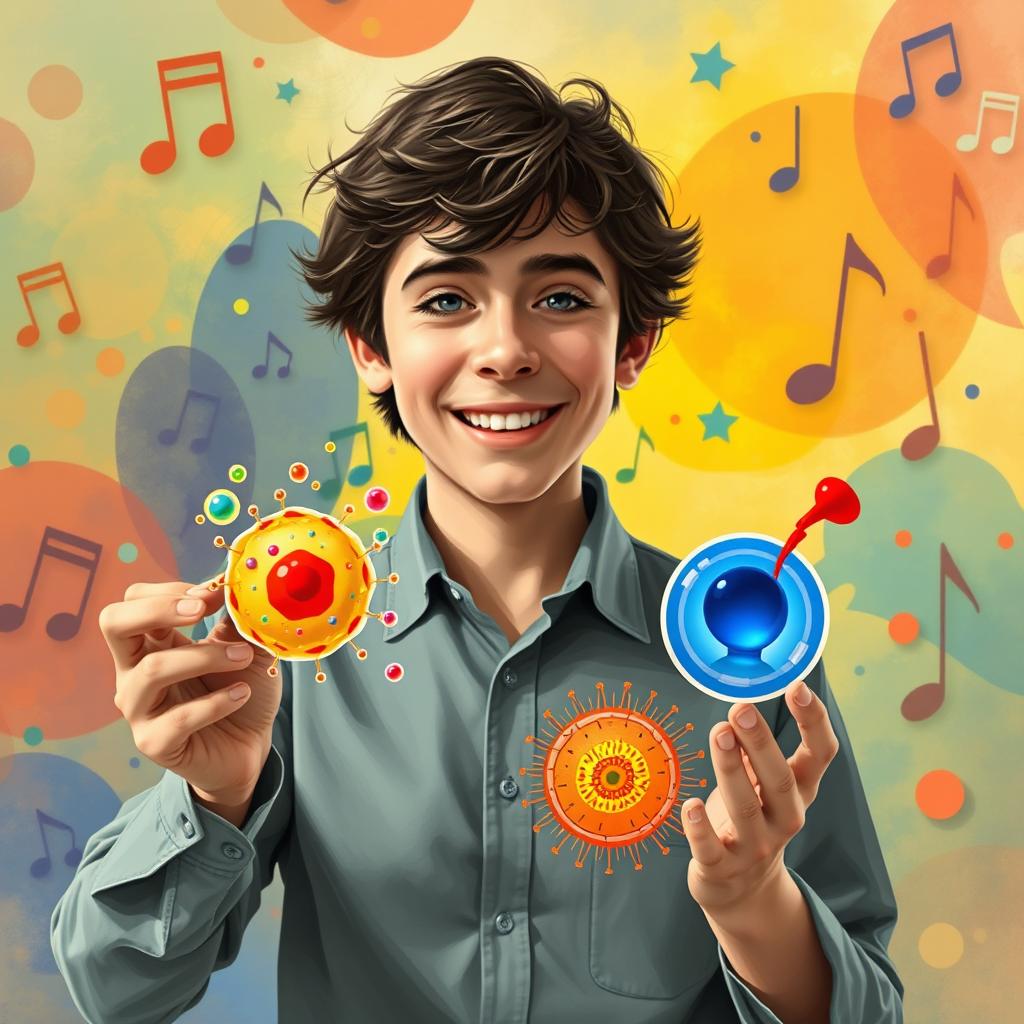 A creative depiction of a younger Gustavo Cerati with a youthful appearance, holding visual representations of phagocytosis and pinocytosis