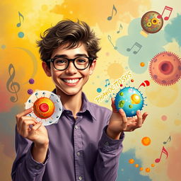 A creative depiction of a younger Gustavo Cerati with a youthful appearance, holding visual representations of phagocytosis and pinocytosis