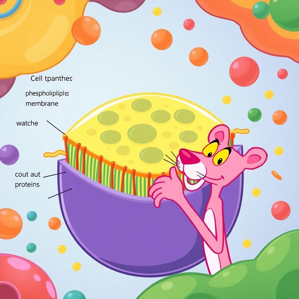 A vibrant and playful illustration of a cell membrane, prominently featuring the Pink Panther character